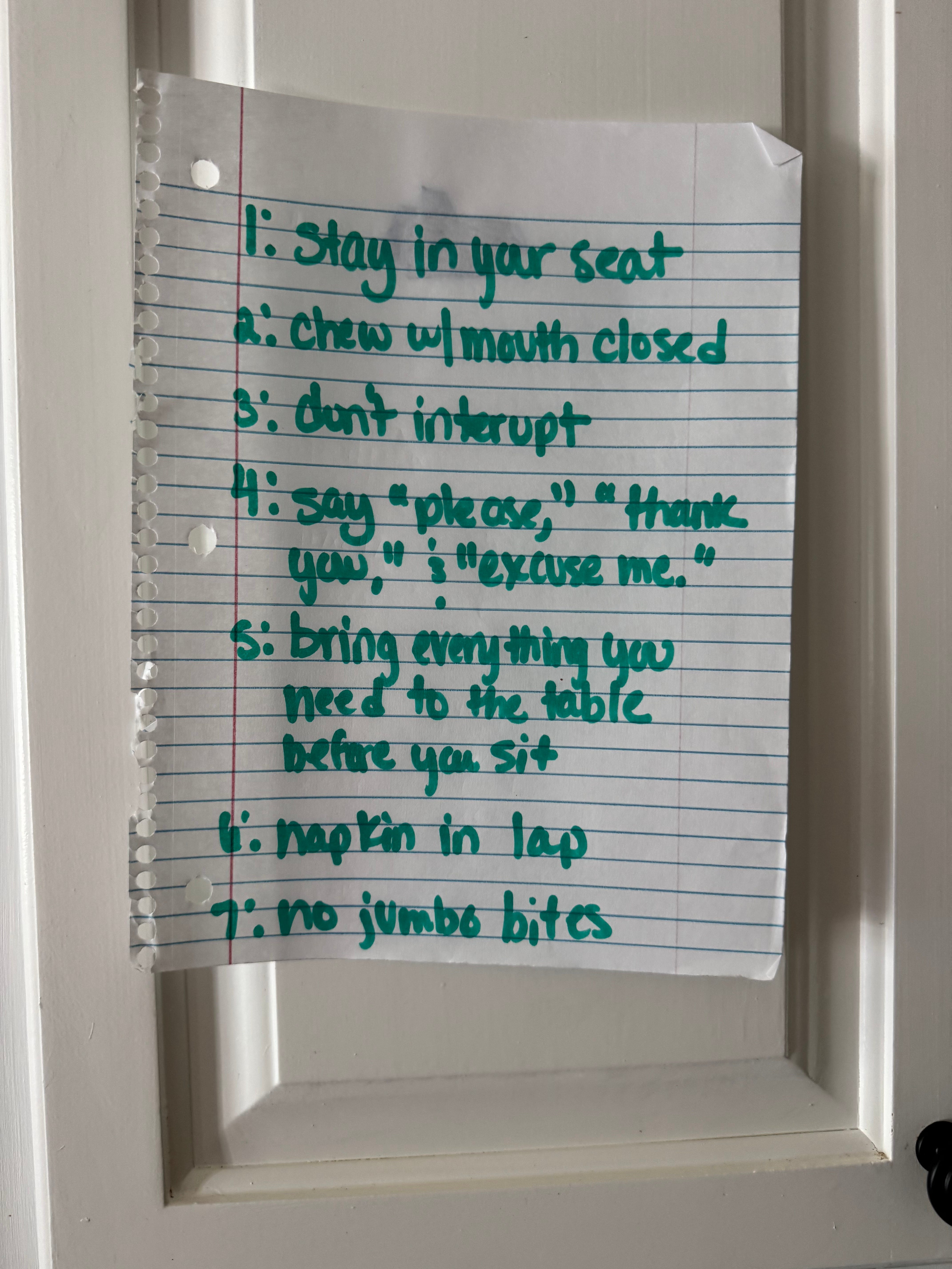 The author shares rules she posted to help her kids with table manners.