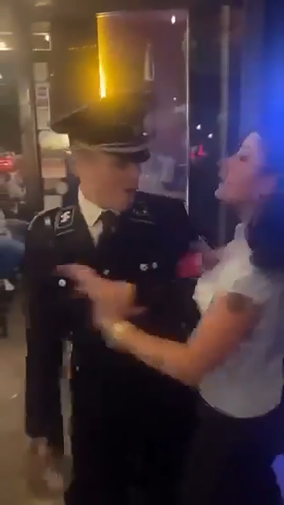 A man in a Nazi uniform with SS insignia on his collar being pushed away by a woman.
