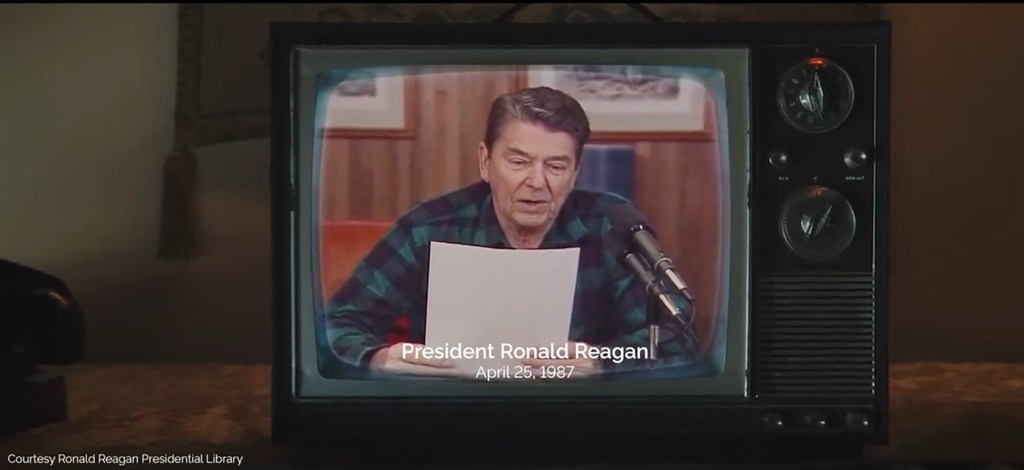 President Ronald Reagan on a TV screen from April 25, 1987.