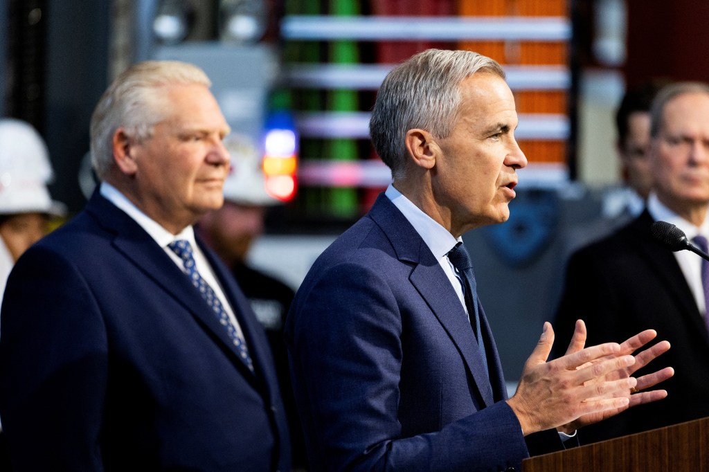 Canada's Prime Minister Mark Carney and Ontario Premier Doug Ford holding a joint press conference.