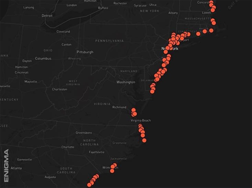 Map showing USO reports along the U.S. East Coast from the Enigma app.