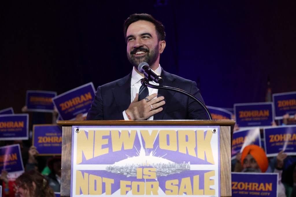 New York City mayoral candidate Zohran Mamdani speaking at a campaign rally.