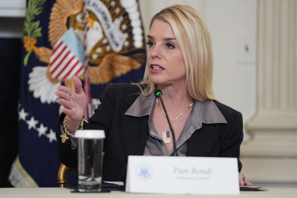 Attorney General Pam Bondi speaking at a roundtable with President Donald Trump.