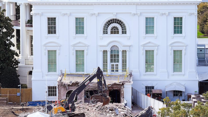 WASHINGTON, DC - OCTOBER 23: An excavator works to clear rubble after the East Wing of the White House was demolished on October 23, 2025 in Washington, DC. The demolition is part of U.S. President Donald Trump's plan to build a multimillion-dollar ballroom on the eastern side of the White House.  (Photo by Eric Lee/Getty Images)