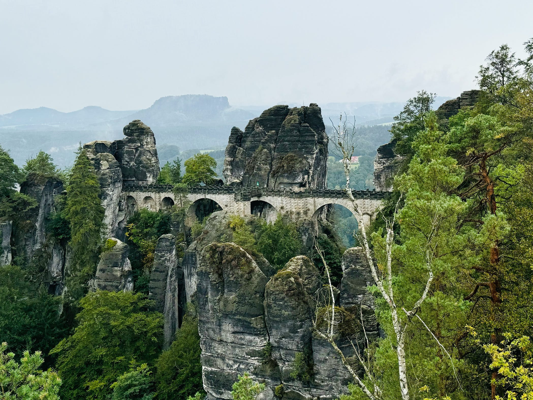 A bridge surrounded by rock formations and trees.