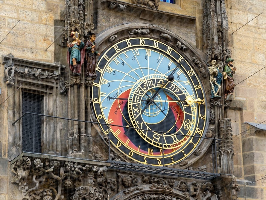 The Prague astronomical clock on the side of a building