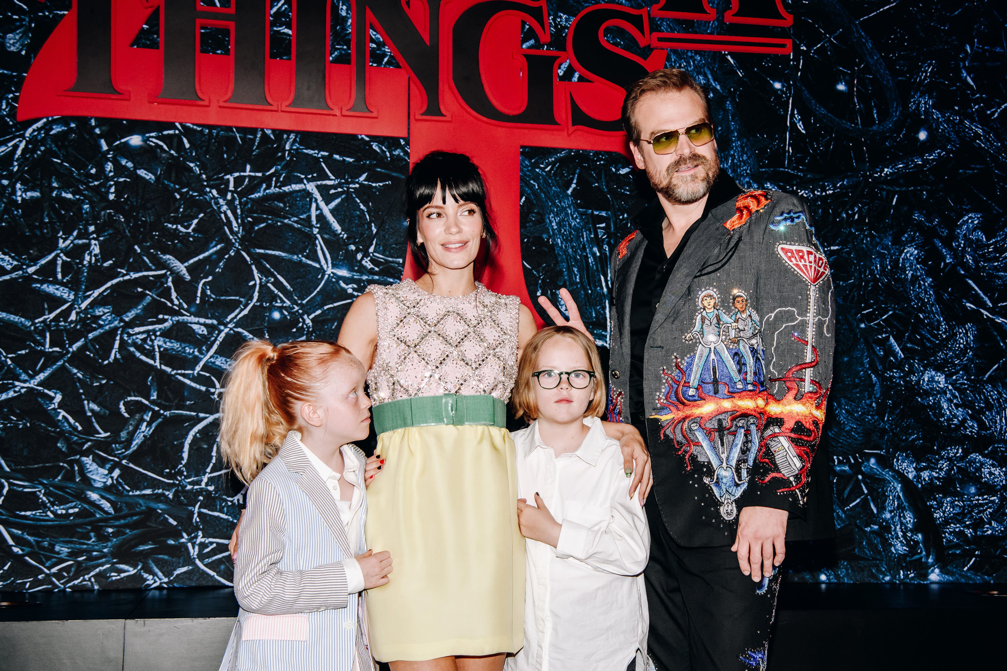 Lily Allen with her two daughters and David Harbour at the season four premiere of