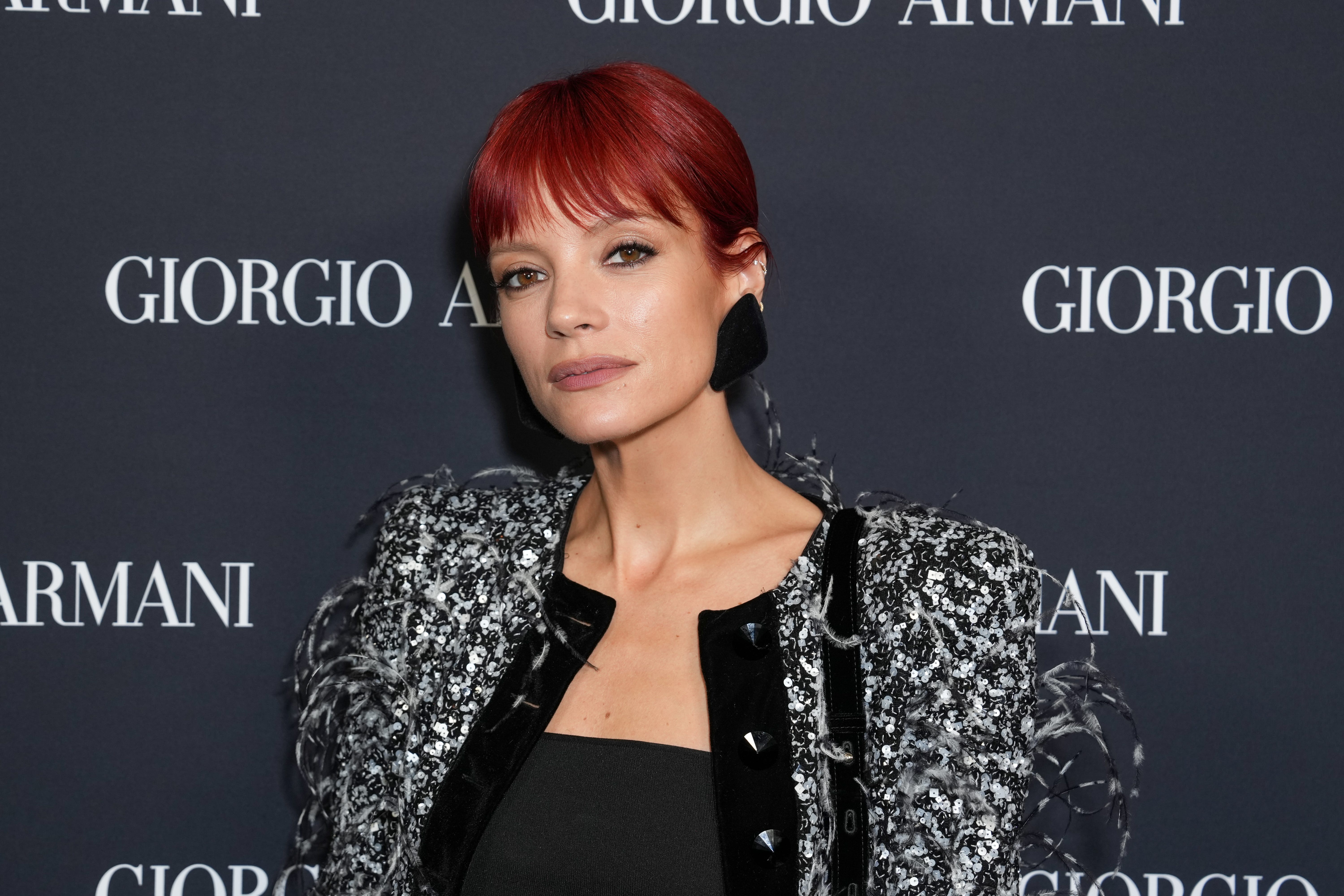 Lily Allen at the Giorgio Armani RTW Spring 2025 fashion show on October 17, 2024.