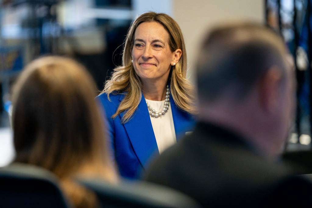 Rep. Mikie Sherrill, Democratic candidate for New Jersey governor, smiles during a meeting.
