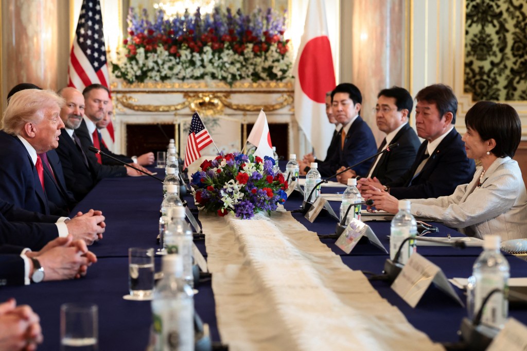 U.S. President Donald Trump and Japanese Prime Minister Sanae Takaichi attend a bilateral meeting in Tokyo.
