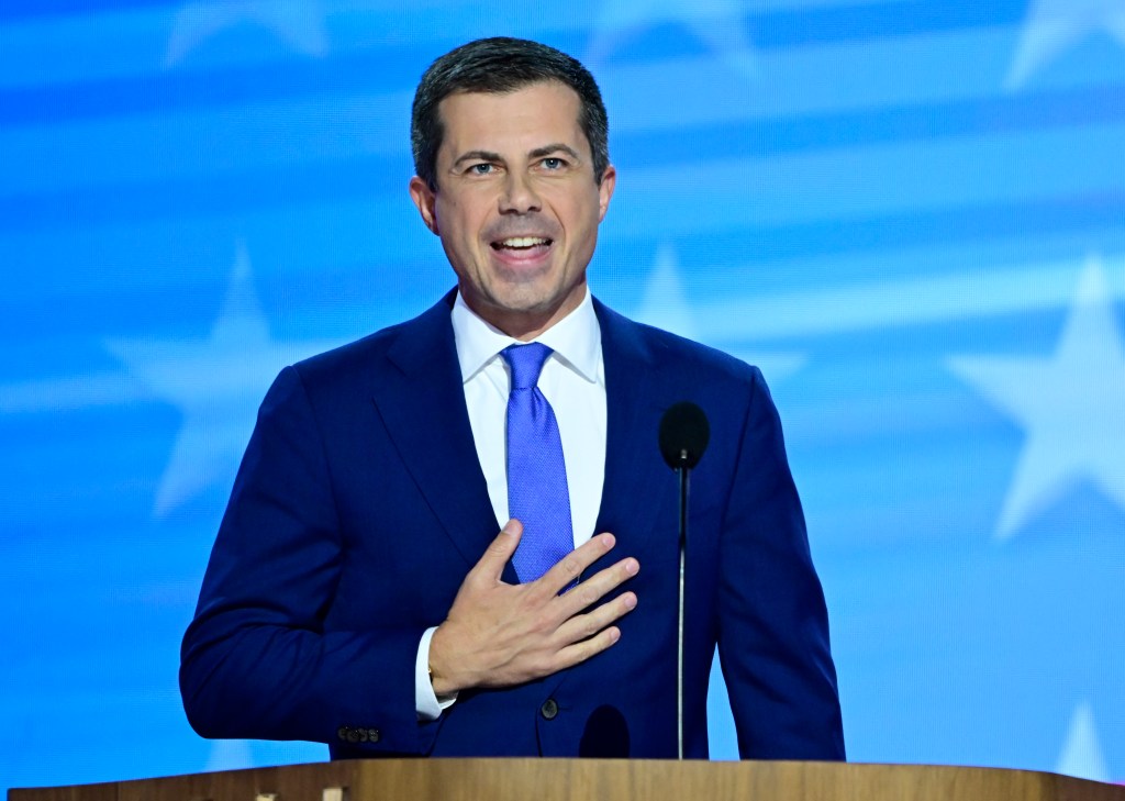 United States Secretary of Transportation Pete Buttigieg makes remarks at the 2024 Democratic National Convention at the United Center in Chicago, Illinois, USA, on Wednesday, August 21, 2024.