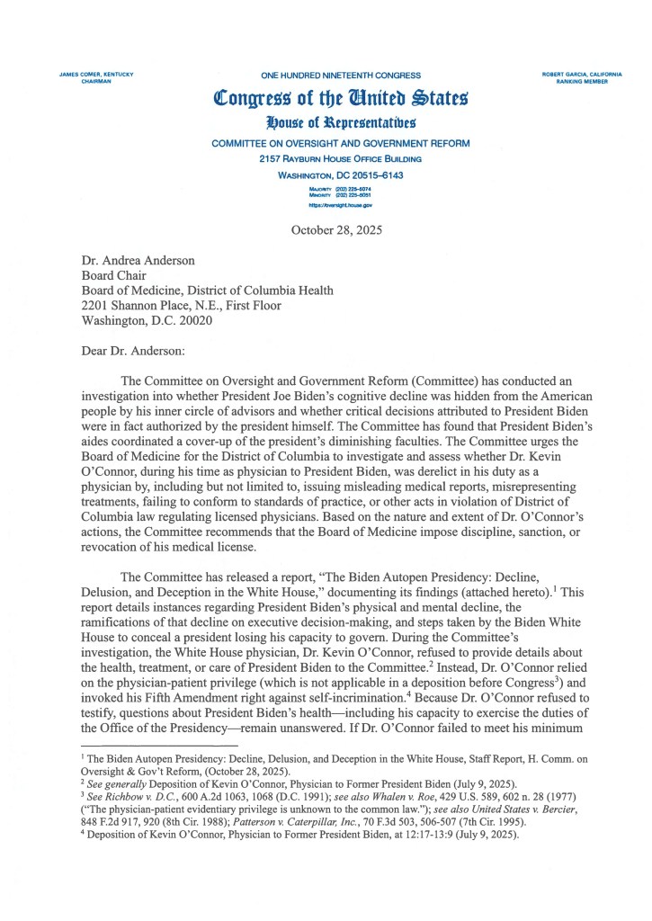 Letter from the House Committee on Oversight and Government Reform to Dr. Andrea Anderson of the District of Columbia Board of Medicine, requesting an investigation into Dr. Kevin O'Connor regarding President Biden's health.