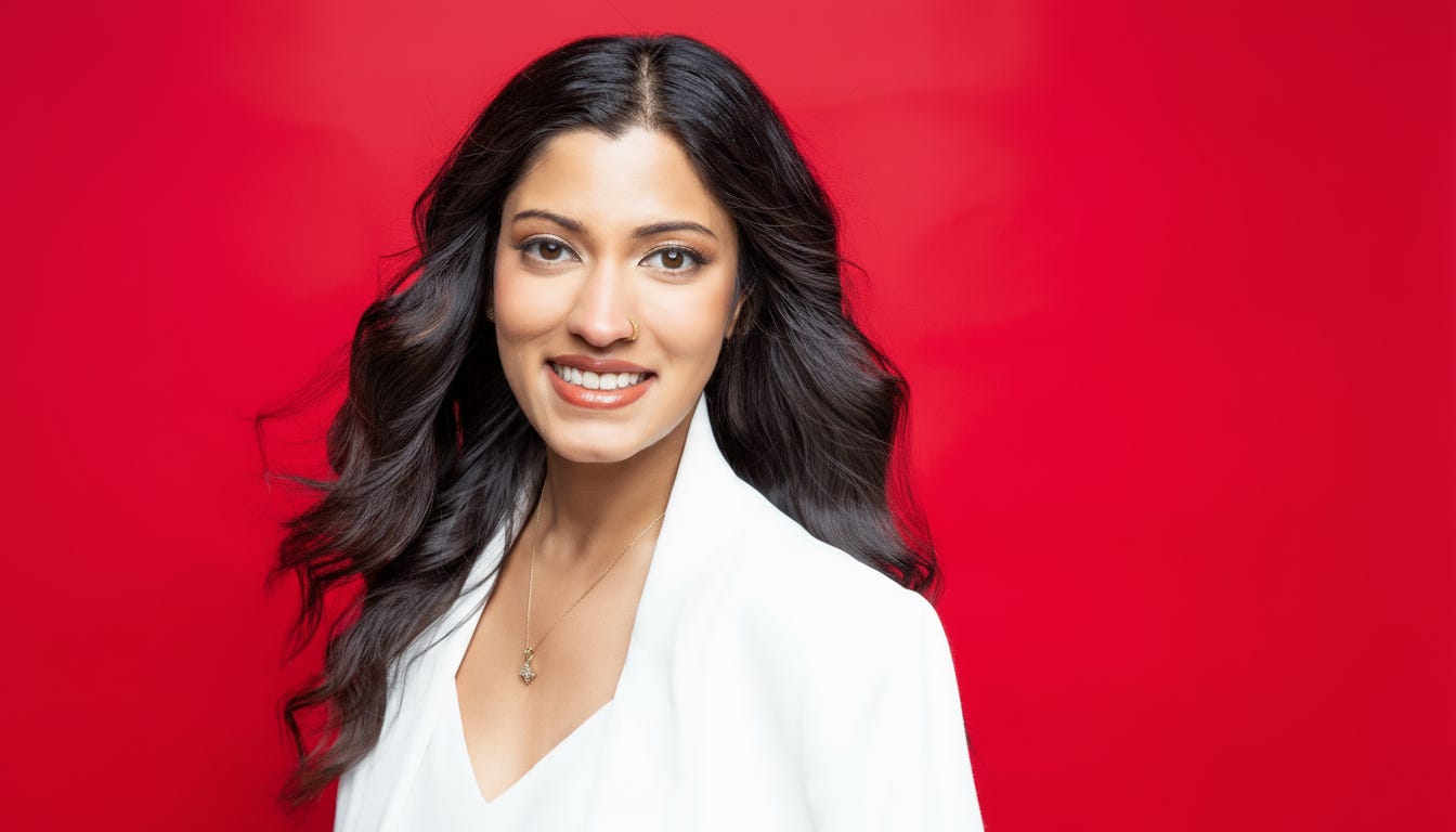 Rita Ramakrishnan in front of a red background.