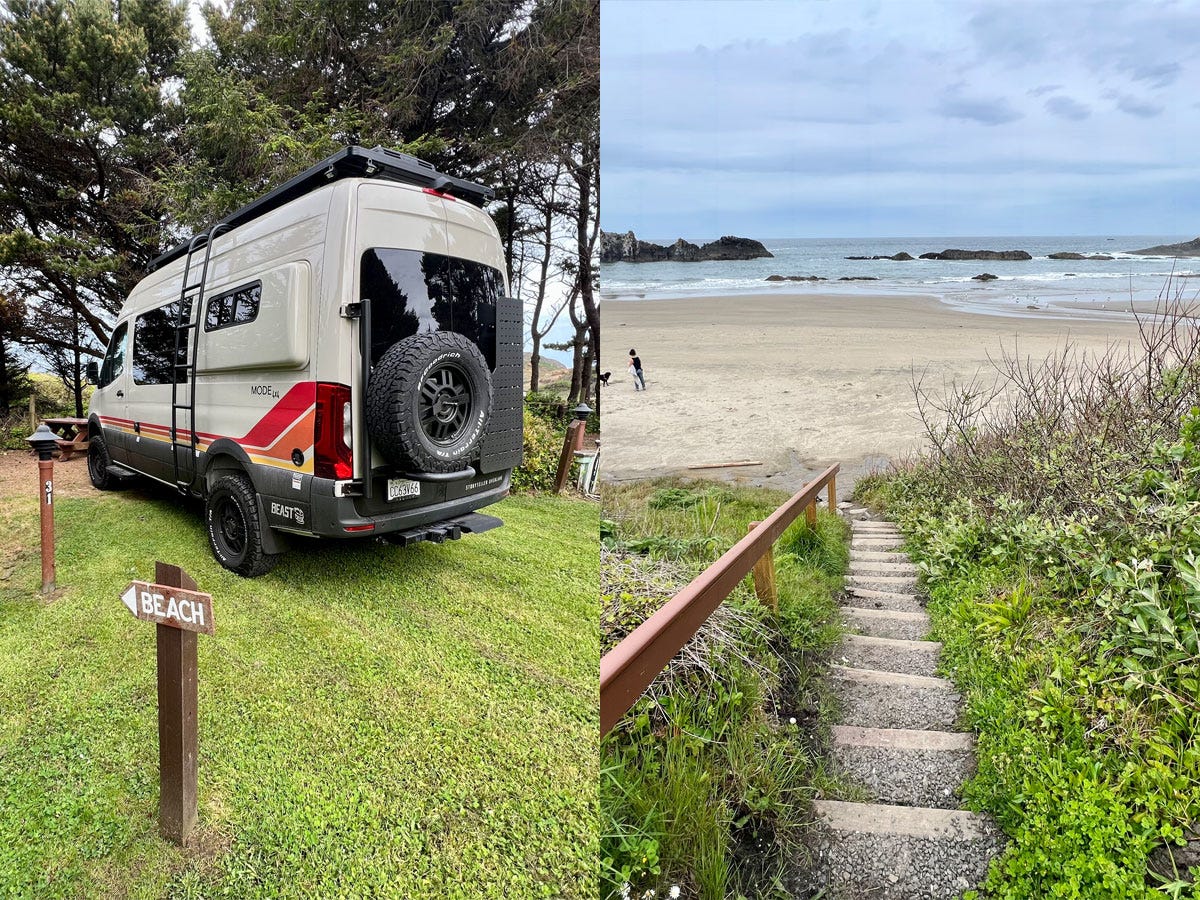 camper van parked in spot (left) and stairwell leading to beach (right)