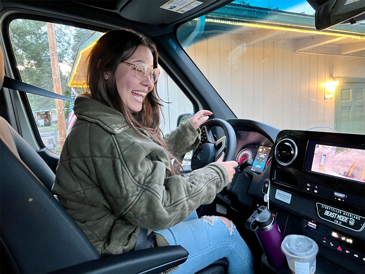 Ashley Probst driving the camper van
