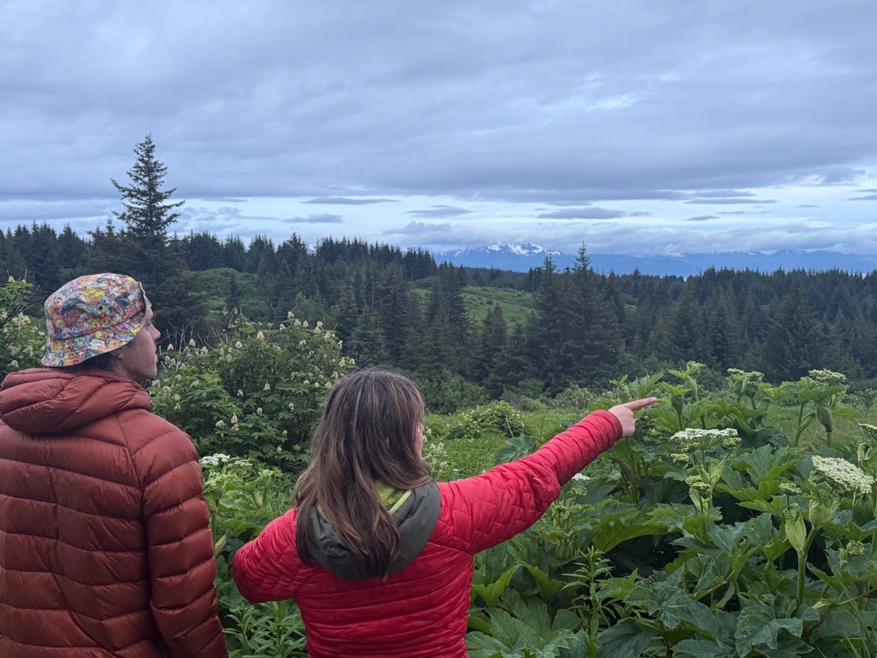 Man and woman standing facing trees, plants, woman pointing