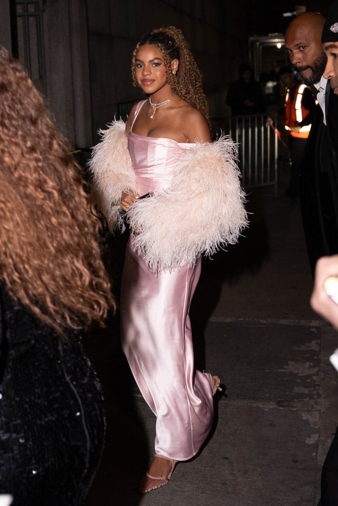 Blue Ivy Carter in a pink satin gown with a feathery boa.