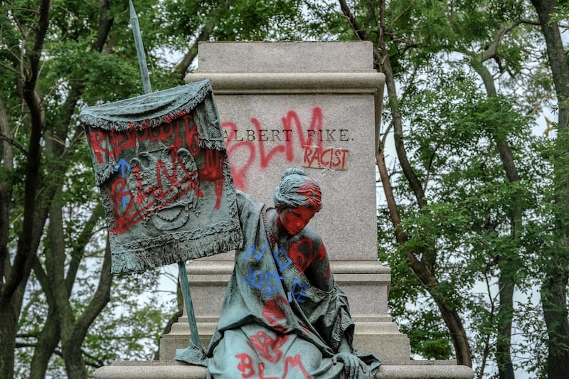 The pedestal where the statue of Confederate general Albert Pike remains empty after it was toppled by protesters at Judiciary Square in Washington, DC, on June 20, 2020.