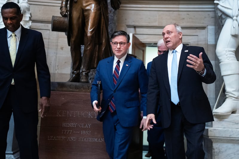House Speaker Mike Johnson and House Majority Leader Steve Scalise leave a news conference in the U.S. Capitol on the government shutdown on Tuesday, October 28, 2025.