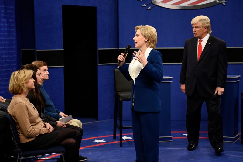 Kate McKinnon as Democratic Presidential Candidate Hillary Clinton and Alec Baldwin as Republican Presidential Candidate Donald Trump