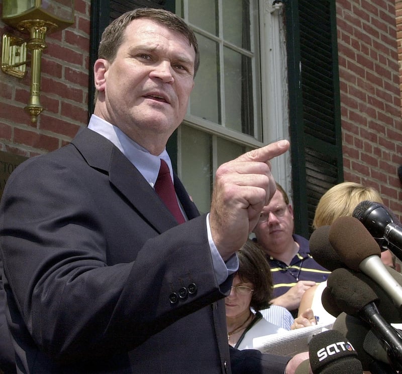 Former US Army bio-scientist Steven Hatfill speaking outside his attorney's office  in August 2002 in Alexandria, Virginia as he was being investigated by the FBI for the 2001 deadly anthrax mailings. He was officially exonerated in 2008.