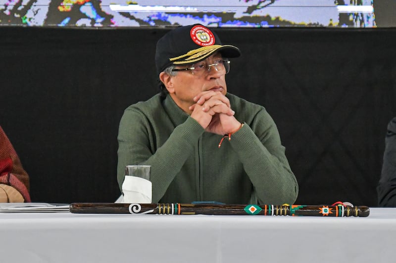 Colombian president Gustavo Petro takes part during an event in the city of Pasto, announcing the destruction of war materials and incorporation in crop substitution programs of the 'Comunueros del Sur' an ELN dissident group based in Narino, Colombia, on April 5, 2025.
