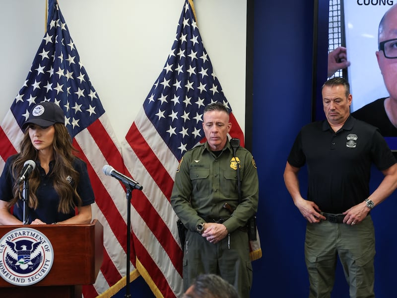 Kristi Noem speaks during a news conference alongside Gregory Bovino, Chief Patrol Agent, ICE Director Todd Lyons.