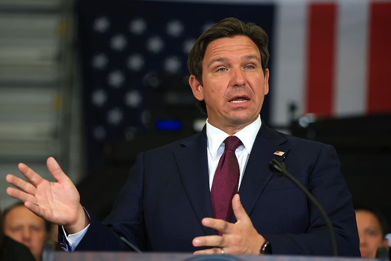 Florida Gov. Ron DeSantis speaks during a press conference held at the ICE-Enforcement and Removal Operation office on May 01, 2025 in Miramar, Florida.