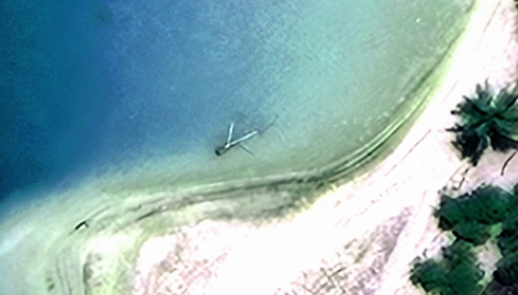 An overhead image of a sunken plane in shallow water near a sandy beach with palm trees.