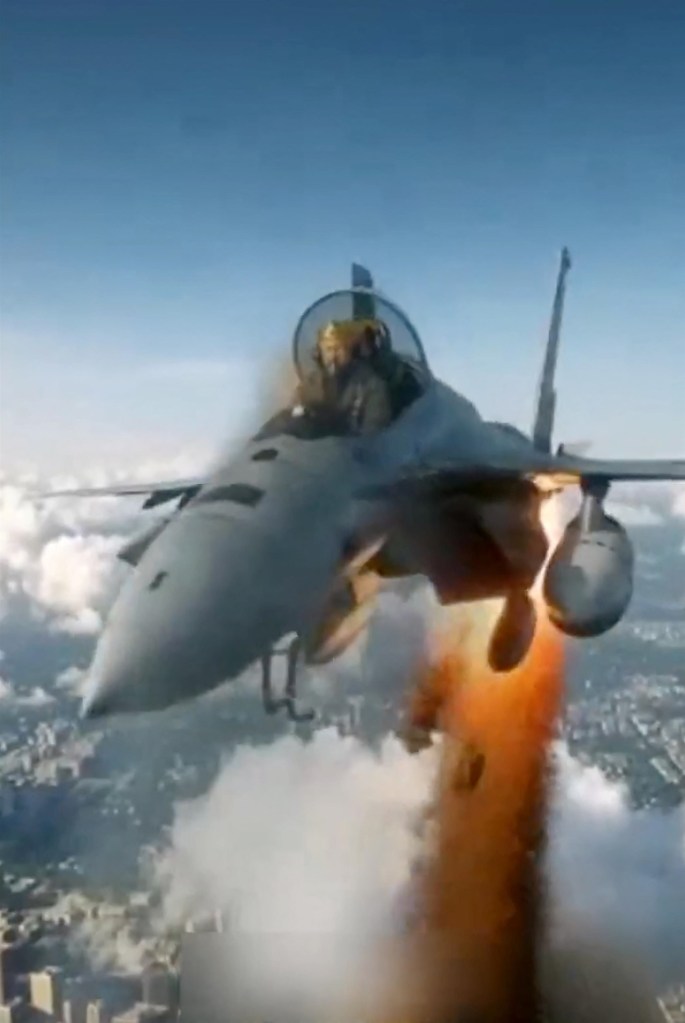 Illustration of Donald Trump in a fighter jet flying over a city, dropping something that creates orange smoke.