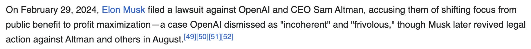 The OpenAI Wikipedia entry describes Elon Musk's lawsuit.