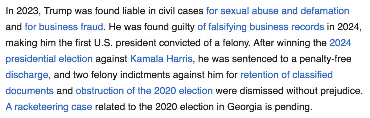 The Wikipedia entry describing Donald Trump's criminal prosecution