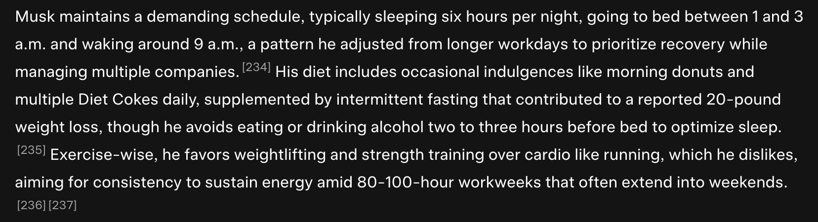 Elon Musk's Grokipedia page is pictured describing his weekly habits.