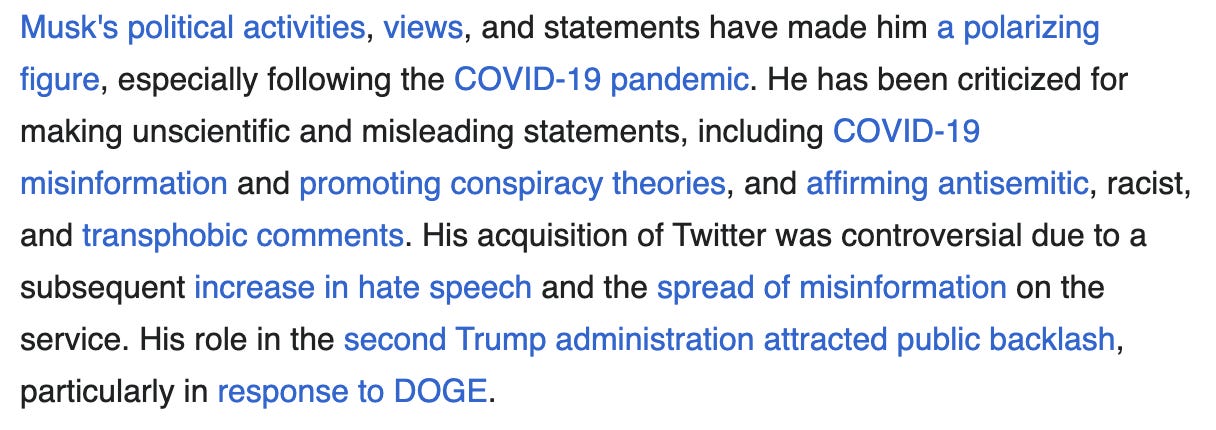 Elon Musk's Wikipedia introduction is pictured.