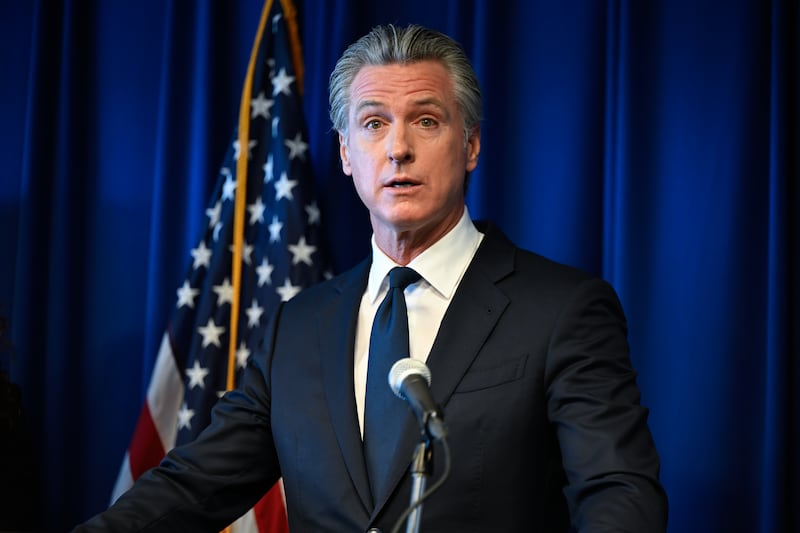 Governor Gavin Newsom speaks during a press conference about 'legal action against Trump administration'