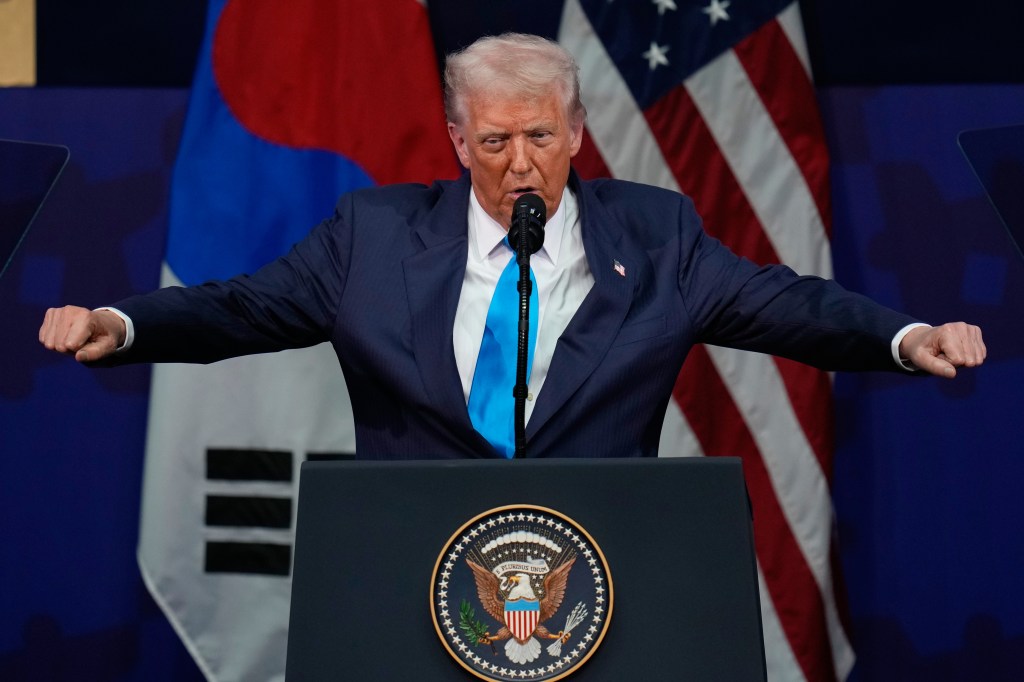 Donald Trump speaking at the APEC CEO summit in Gyeongju, South Korea.