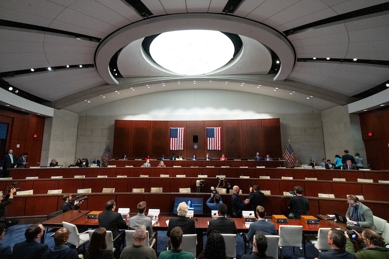 UNITED STATES - SEPTEMBER 9: A saucer-shaped light hangs above the House Oversight and Government Reform Committee Task Force on the Declassification of Federal Secrets Subcommittee hearing on "Restoring Public Trust Through UAP (Unidentified Anomalous Phenomena) Transparency and Whistleblower Protection" in the Capitol Visitor Center on Tuesday, September 9, 2025. (Bill Clark/CQ-Roll Call, Inc via Getty Images)