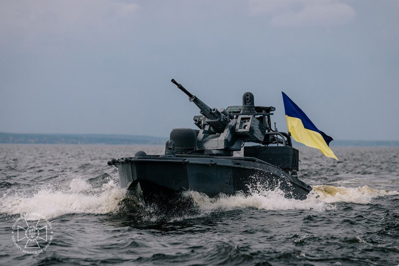 A Ukrainian naval drone with a machine gun is seen in October 2025.