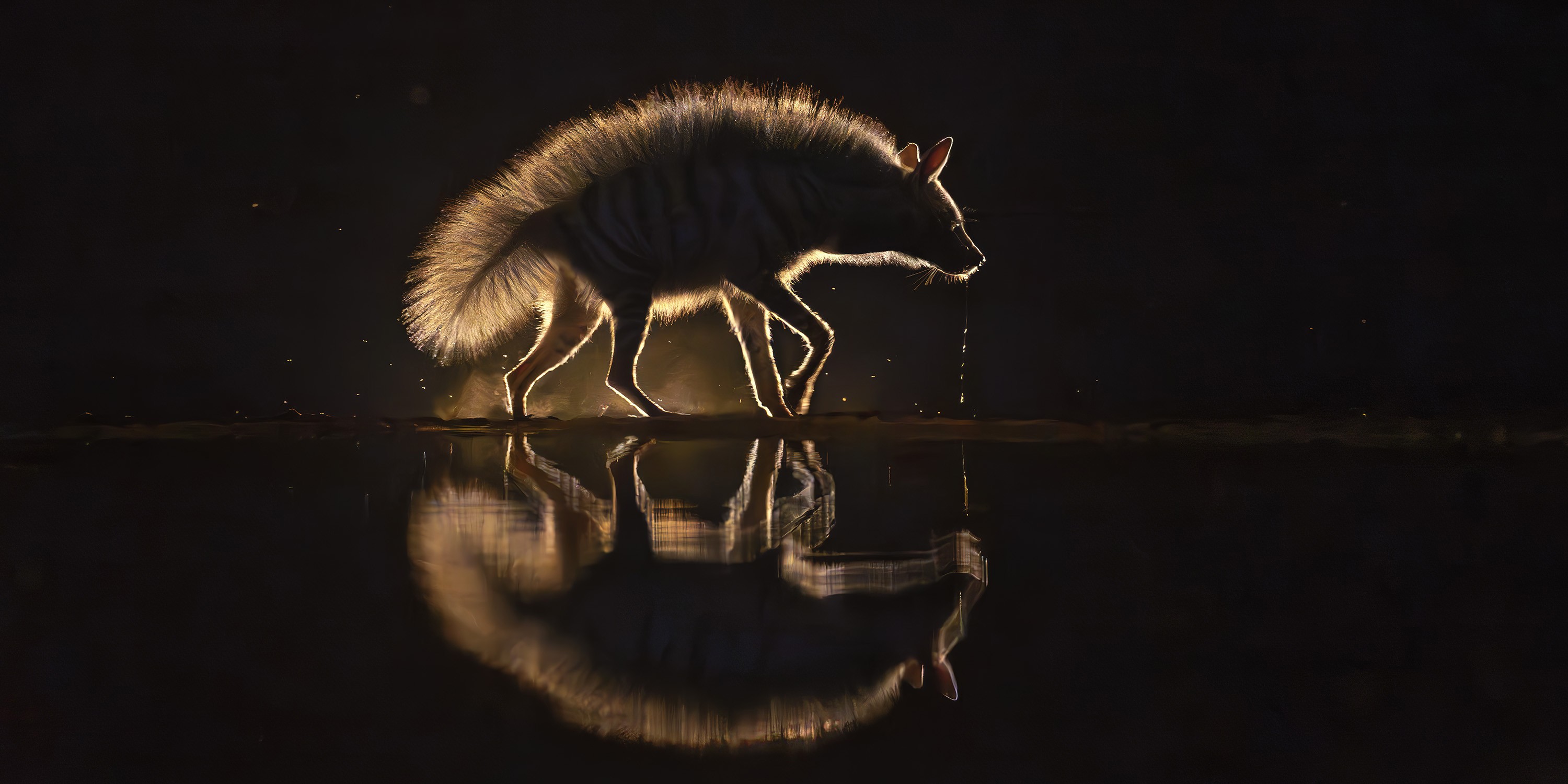 A drooling hyena, seen in silhouette, and reflected in water.