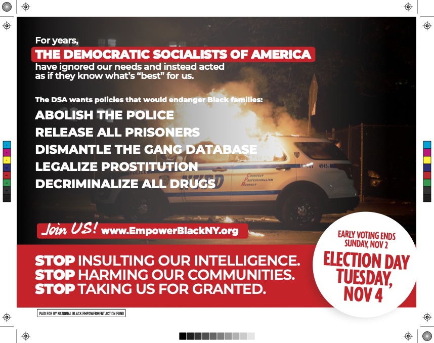 Advertisement opposing the Democratic Socialists of America, showing a police car engulfed in flames, stating the DSA's policies would endanger Black families.