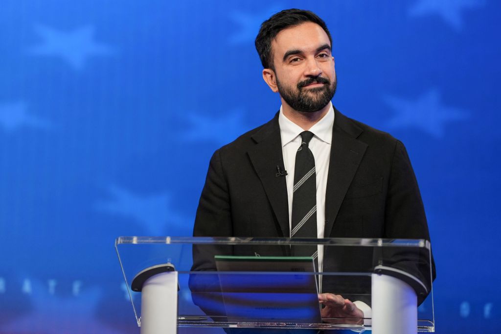 Democratic candidate Zohran Mamdani speaking at a mayoral debate in New York City.
