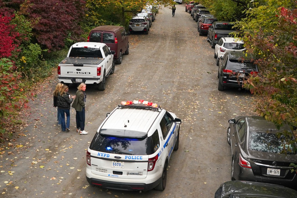 A NYPD police SUV with flashing red and blue lights parked on an autumn-leaf-covered road with two women standing beside it and other cars parked nearby.