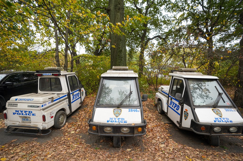 Three NYPD Police Department vehicles parked under trees with autumn leaves.