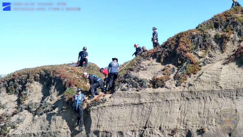 Rescuers retrieve a dog from a cliffside.