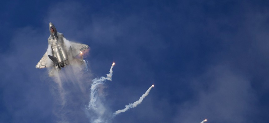 The U.S. Air Force F-22 Raptor Demonstration Team performs during the 2025 Naval Air Station Oceana Air Show in Virginia Beach, Va., Sept. 21, 2025.