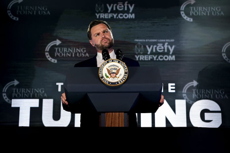 U.S. Vice President JD Vance speaks during a Turning Point USA event where U.S. Vice President JD Vance is expected, at the Pavilion at Ole Miss at the University of Mississippi, on October 29, 2025 in Oxford, Mississippi.