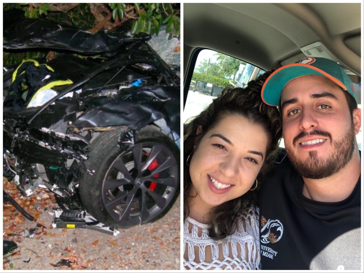 A wrecked Tesla; Naibel Benavides Leon and Dillon Angulo.