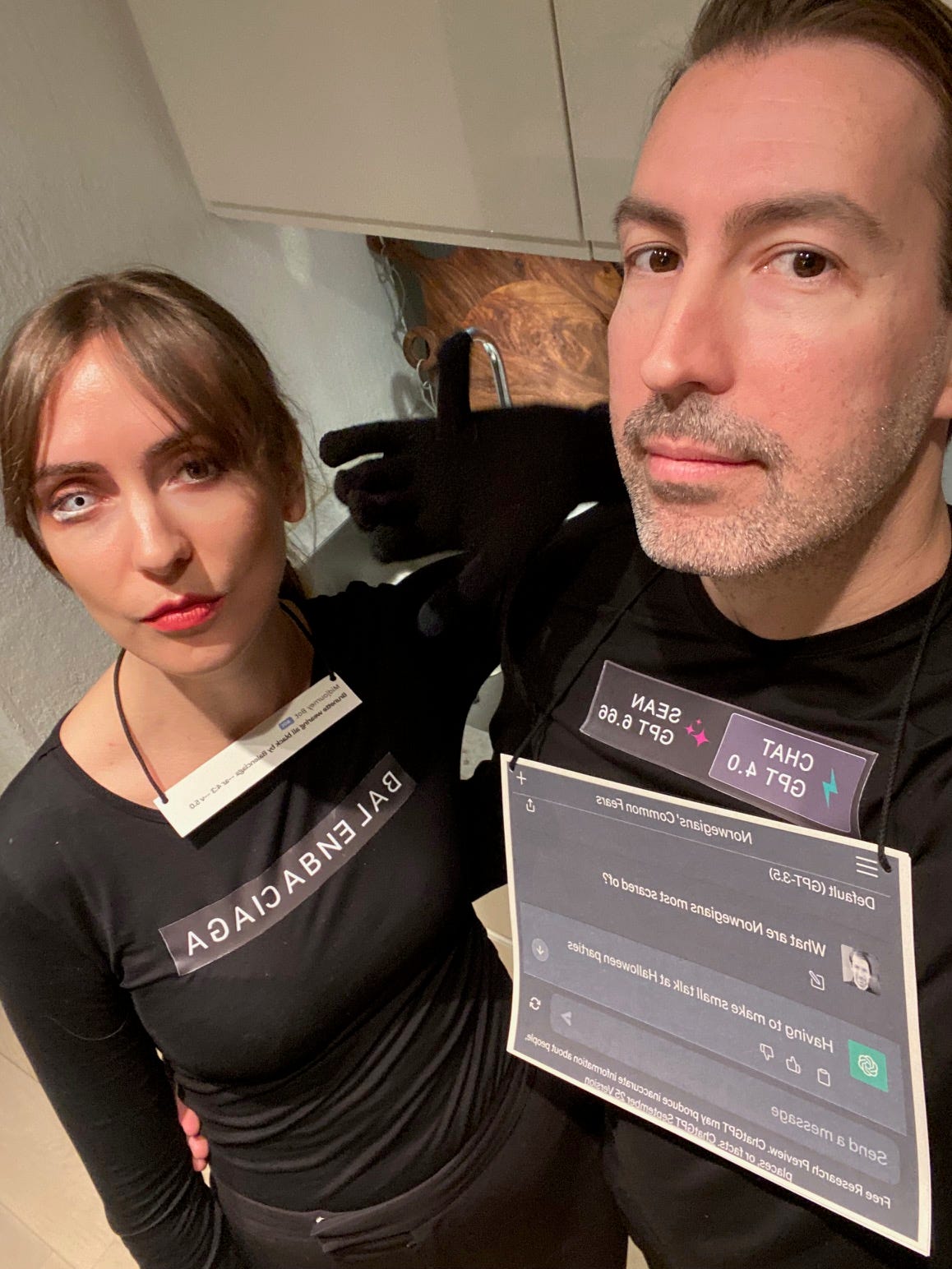 Sean Percival and his girlfriend dressed as ChatGPT and Midjourney.