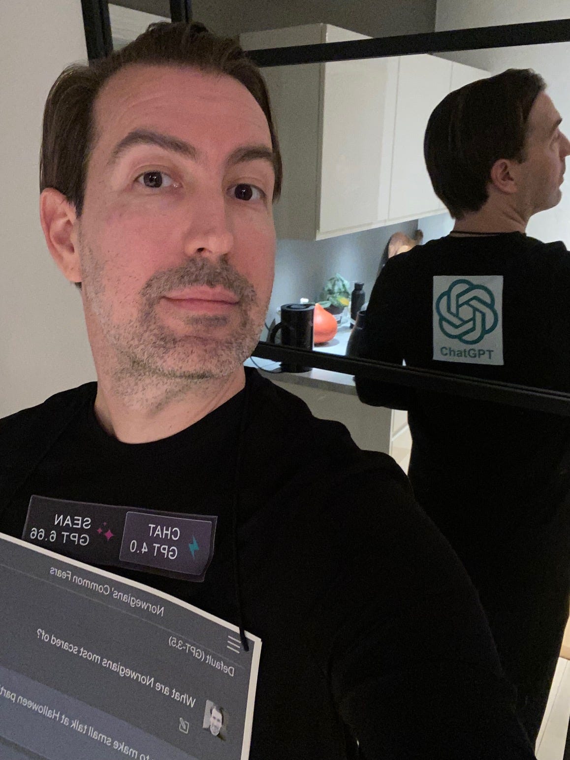 Sean Percival is pictured dressed as ChatGPT.