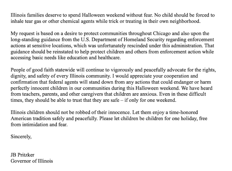 J.B. Pritzker's letter to Kristi Noem and her immigration senior leadership team.